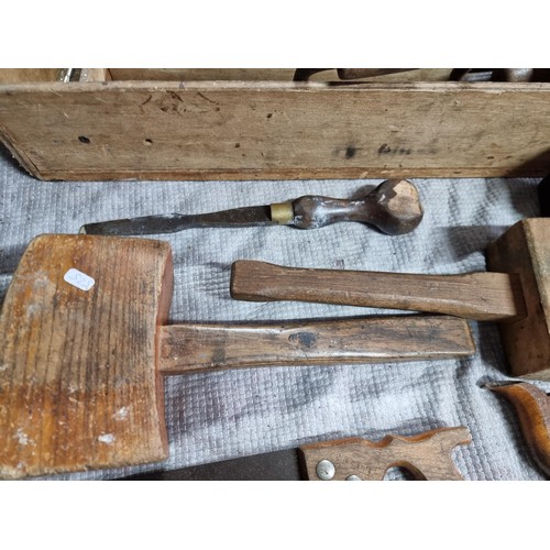 67 - Large wooden carpenters tool box full of carpenters tools inc some good quality vintage hand saws, w... 