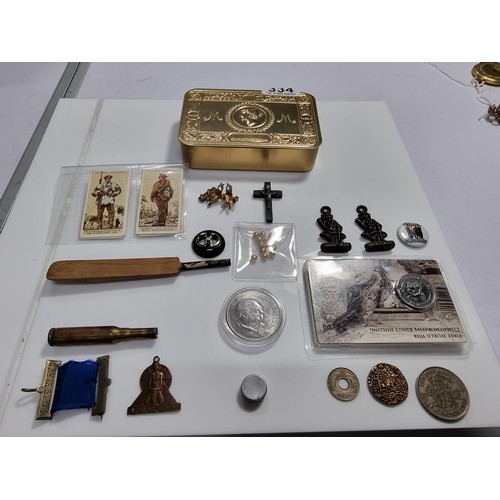 334 - Reproduction WW1 brass Christmas tin full of collectables and coins