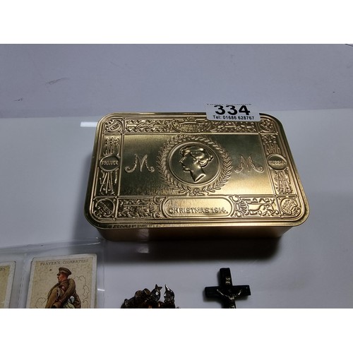 334 - Reproduction WW1 brass Christmas tin full of collectables and coins