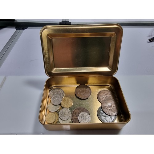 334 - Reproduction WW1 brass Christmas tin full of collectables and coins