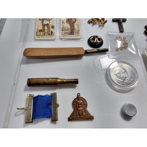 334 - Reproduction WW1 brass Christmas tin full of collectables and coins