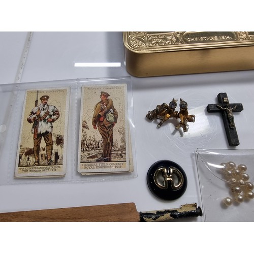 334 - Reproduction WW1 brass Christmas tin full of collectables and coins