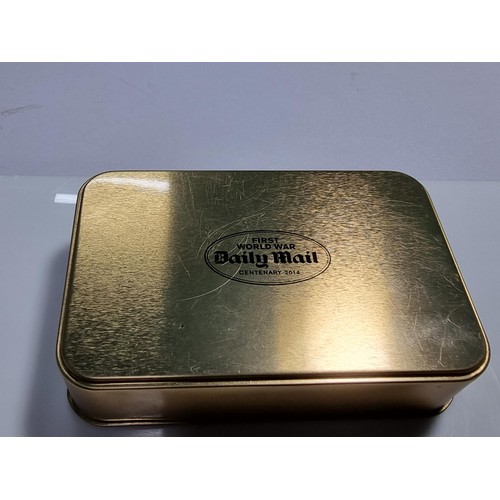 334 - Reproduction WW1 brass Christmas tin full of collectables and coins