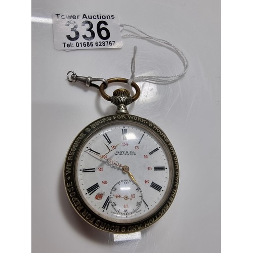336 - Kay & Co Working Man pocket watch Union related with an enamel dial and a phrase around the rim of t... 