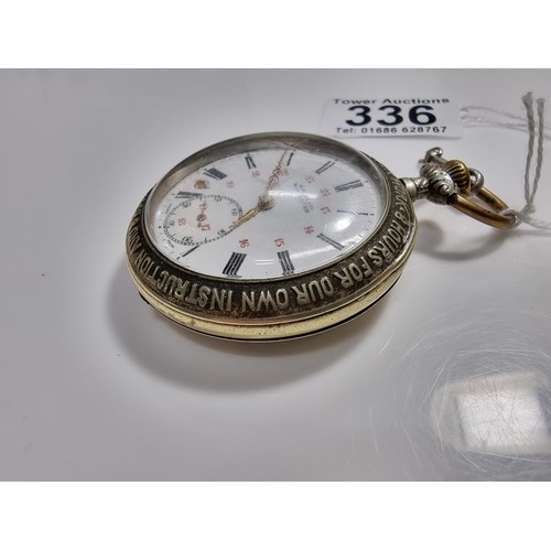 336 - Kay & Co Working Man pocket watch Union related with an enamel dial and a phrase around the rim of t... 