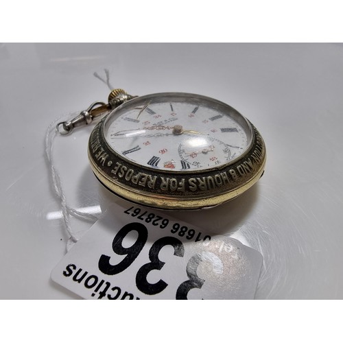 336 - Kay & Co Working Man pocket watch Union related with an enamel dial and a phrase around the rim of t... 