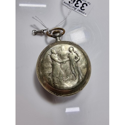 336 - Kay & Co Working Man pocket watch Union related with an enamel dial and a phrase around the rim of t... 
