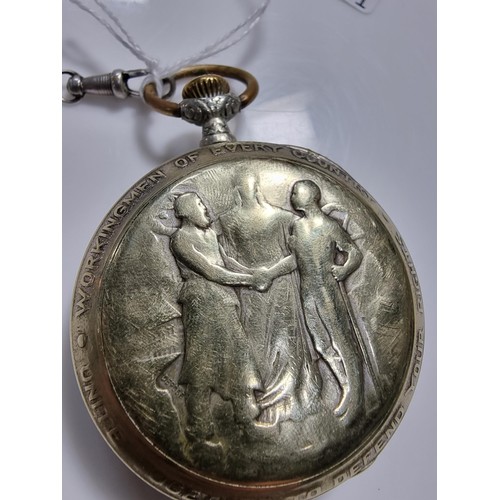 336 - Kay & Co Working Man pocket watch Union related with an enamel dial and a phrase around the rim of t... 