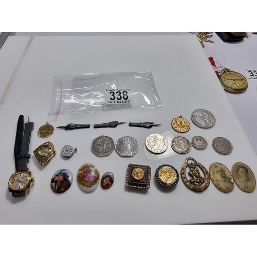 338 - Quantity of collectables inc hand painted porcelain plaques, collectable coins, 3x lady watches etc