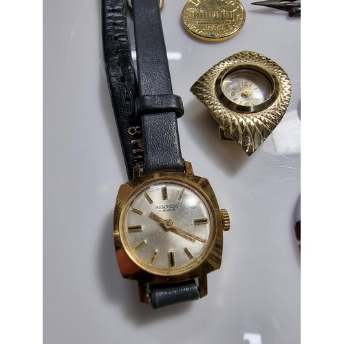338 - Quantity of collectables inc hand painted porcelain plaques, collectable coins, 3x lady watches etc