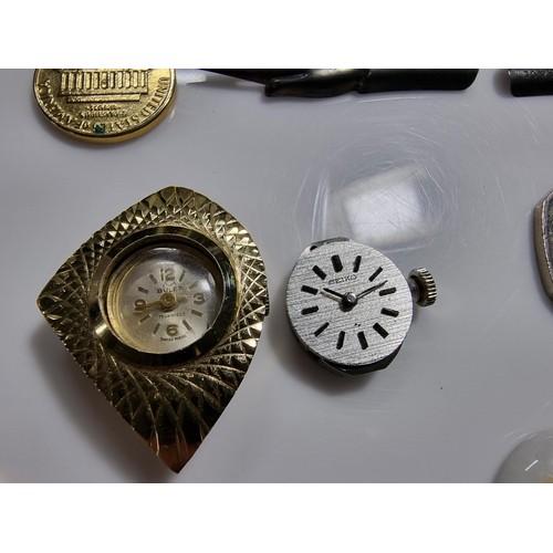 338 - Quantity of collectables inc hand painted porcelain plaques, collectable coins, 3x lady watches etc