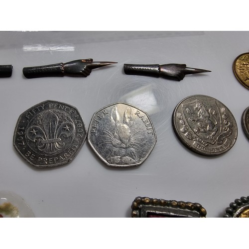 338 - Quantity of collectables inc hand painted porcelain plaques, collectable coins, 3x lady watches etc