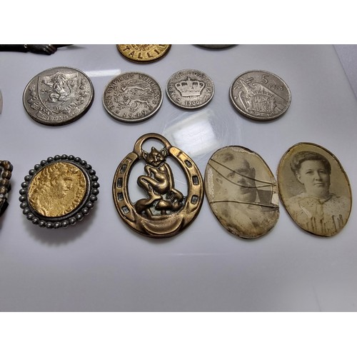 338 - Quantity of collectables inc hand painted porcelain plaques, collectable coins, 3x lady watches etc