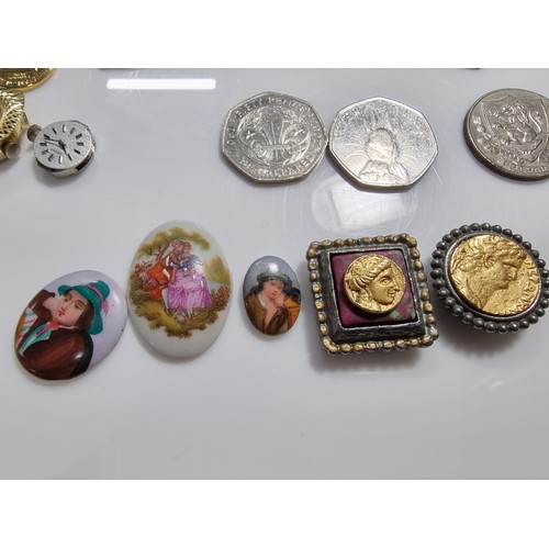 338 - Quantity of collectables inc hand painted porcelain plaques, collectable coins, 3x lady watches etc