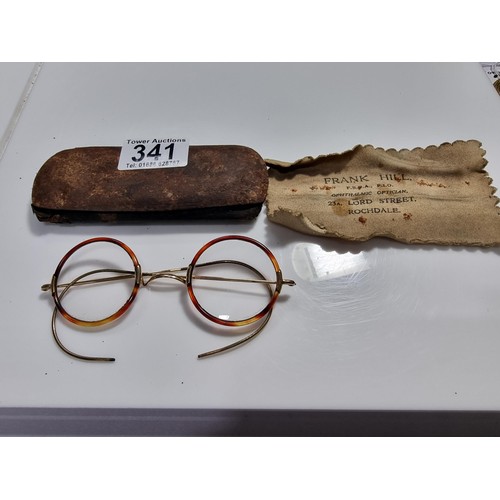 341 - Antique pair of spectacles with attractive tortoise shell rims and with a 12k roll gold frame 1/10 m... 