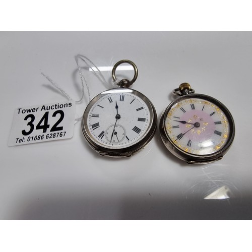 342 - 2x silver fob watches, the cases and dials are in good order, 1x is marked 800 silver and the other ... 