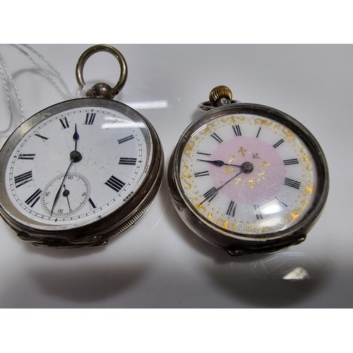 342 - 2x silver fob watches, the cases and dials are in good order, 1x is marked 800 silver and the other ... 