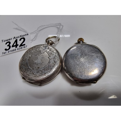 342 - 2x silver fob watches, the cases and dials are in good order, 1x is marked 800 silver and the other ... 
