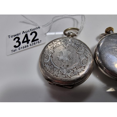 342 - 2x silver fob watches, the cases and dials are in good order, 1x is marked 800 silver and the other ... 