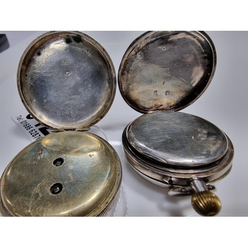 342 - 2x silver fob watches, the cases and dials are in good order, 1x is marked 800 silver and the other ... 