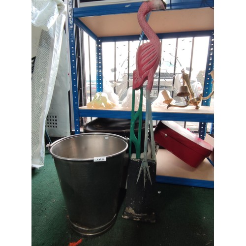 128 - A tall galvanized milk bucket and a wooden fair trade flamingo. Flamingo 103cm tall