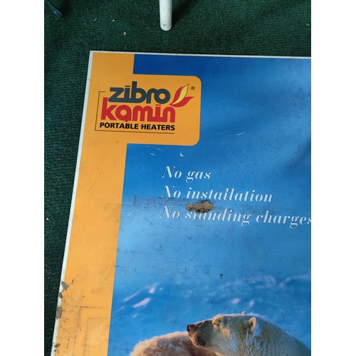 130 - A Zibro Kamin advertisement double sided plastic board. Along with a Calor gas metal swing sign with... 