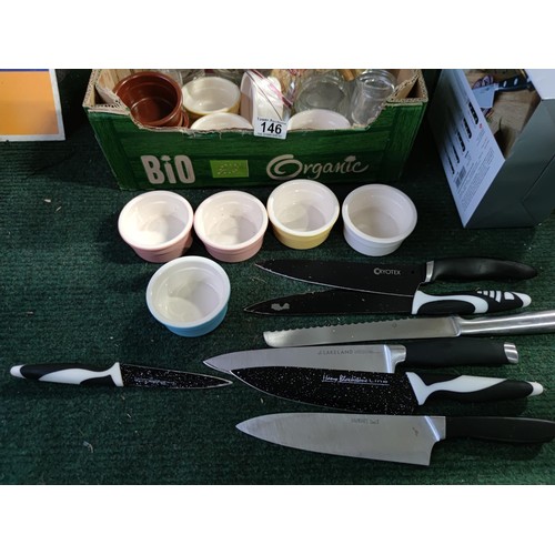 146 - A quantity of kitchenalia including 11 ramekins. Along with a quantity of knives including blakeland... 