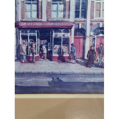 159 - A Barbara Hampton watercolour of Griffiths & Griffiths (now Stars Newsagents) Newtown. Dated 1987, l... 