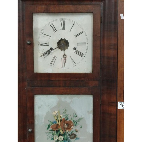 160 - A large American clock company clock. by E.N.Welch. Complete with weights and key. Glazed floral sce... 