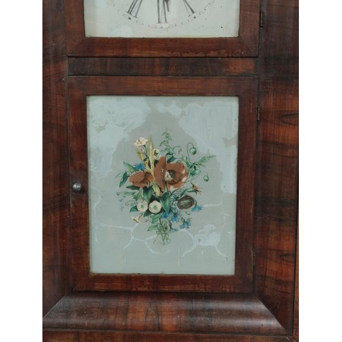 160 - A large American clock company clock. by E.N.Welch. Complete with weights and key. Glazed floral sce... 