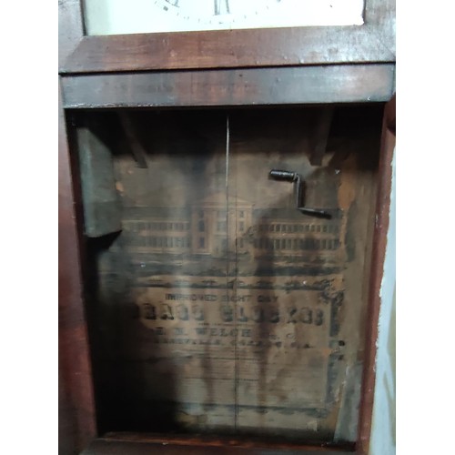 160 - A large American clock company clock. by E.N.Welch. Complete with weights and key. Glazed floral sce... 