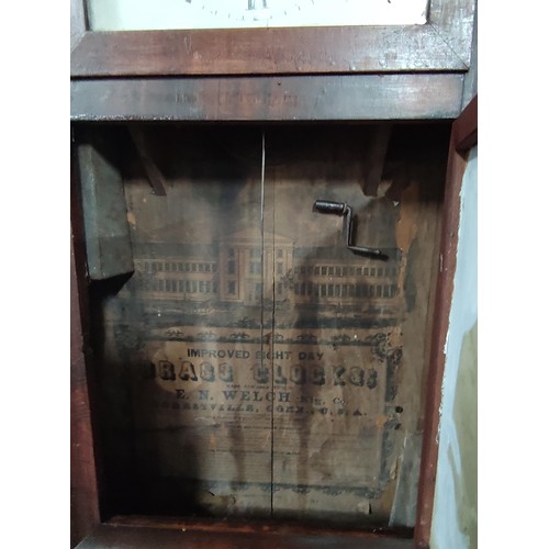 160 - A large American clock company clock. by E.N.Welch. Complete with weights and key. Glazed floral sce... 