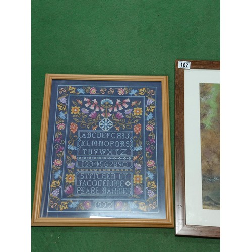 167 - 2 framed and glazed artworks. One is a sample tapestry and the other is an original pastel picture o... 