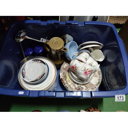 173 - A box containing a large quantity of crockery and figures, including shepherd and shepherdess figure... 