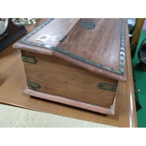 197 - A brass bound sheesham chest open lid to the top above 2 drawers to the base with a metal clasp and ... 