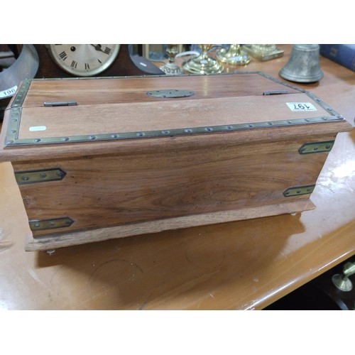 197 - A brass bound sheesham chest open lid to the top above 2 drawers to the base with a metal clasp and ... 