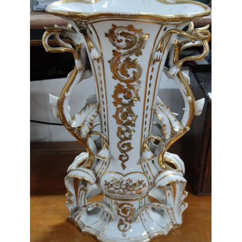 215 - A large impressive old Paris porcelain vase with hand painted floral scenes to the front, with ornat... 