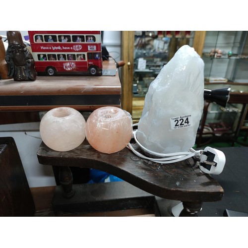 224 - A rock crystal lamp, new and sealed. Along with  two rock crystal tea light holders.
Crystal lamp he... 