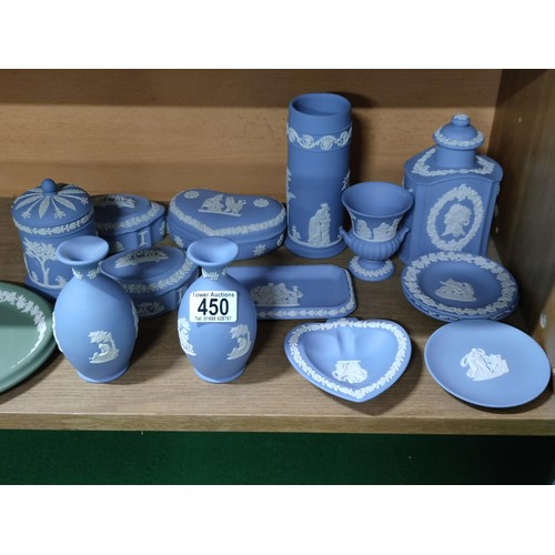 450 - A quantity of blue and white wedgwood including trinket boxes vases plate etc