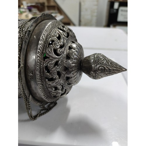 465 - A vintage ornate metal Moroccan lantern inset with green and blue glass stones with floral carvings ... 