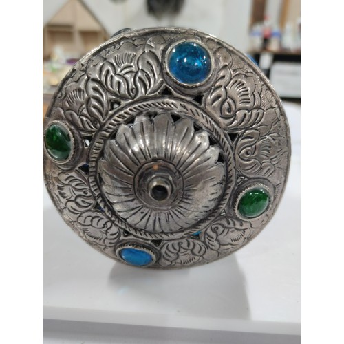 465 - A vintage ornate metal Moroccan lantern inset with green and blue glass stones with floral carvings ... 