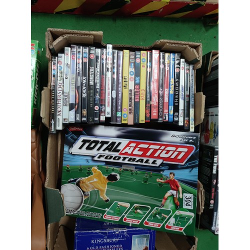 304 - 2 boxes containing a large quantity of DVD's along with 2 football related board games, 5 kingsbury ... 