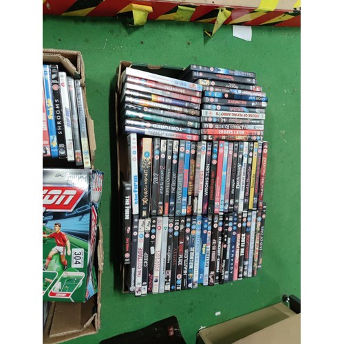 304 - 2 boxes containing a large quantity of DVD's along with 2 football related board games, 5 kingsbury ... 