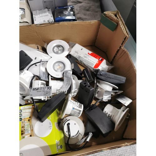 74 - Box of electrical items inc a large quantity of spot lights, boxed as new paymnet air card reader et... 