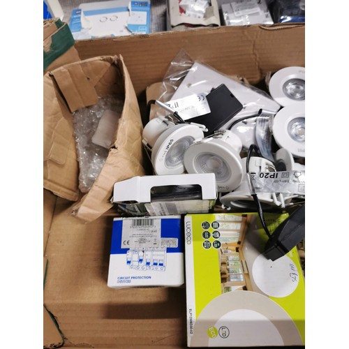 74 - Box of electrical items inc a large quantity of spot lights, boxed as new paymnet air card reader et... 