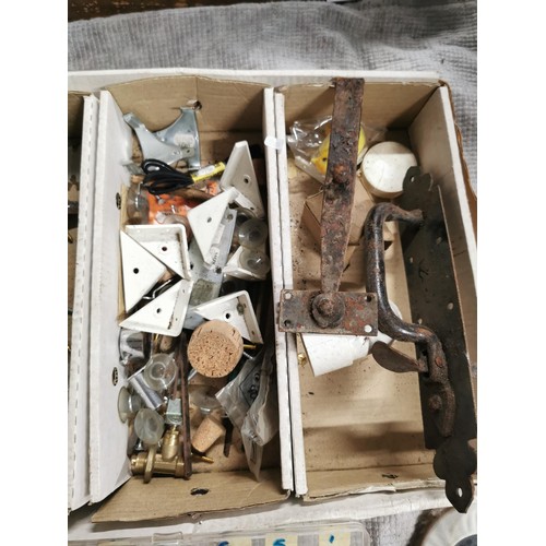 89 - Box of shed odds inc 4x vintage iron door latches, organiser box, bulbs etc