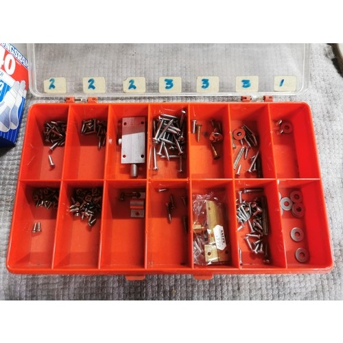 89 - Box of shed odds inc 4x vintage iron door latches, organiser box, bulbs etc