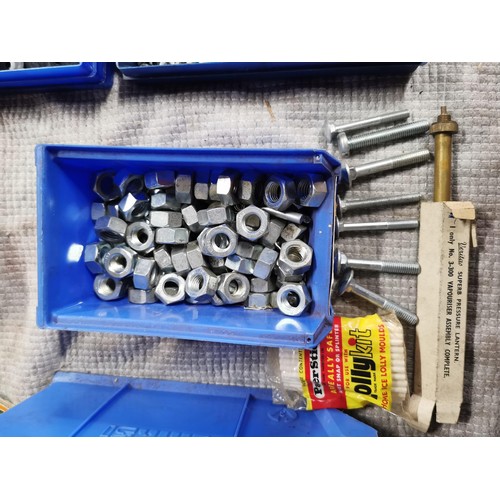 90 - Box of hardware inc organiser boxes, large quantity of nuts and bolts and boxed spot lamp mounts etc