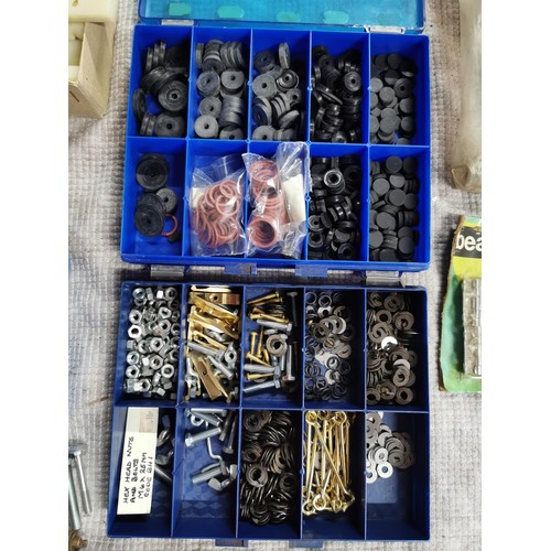 90 - Box of hardware inc organiser boxes, large quantity of nuts and bolts and boxed spot lamp mounts etc