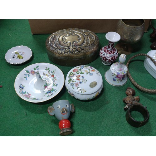 306 - A box containing a quantity of collectables including a brass Liptons souvenir tea caddy celebrating... 